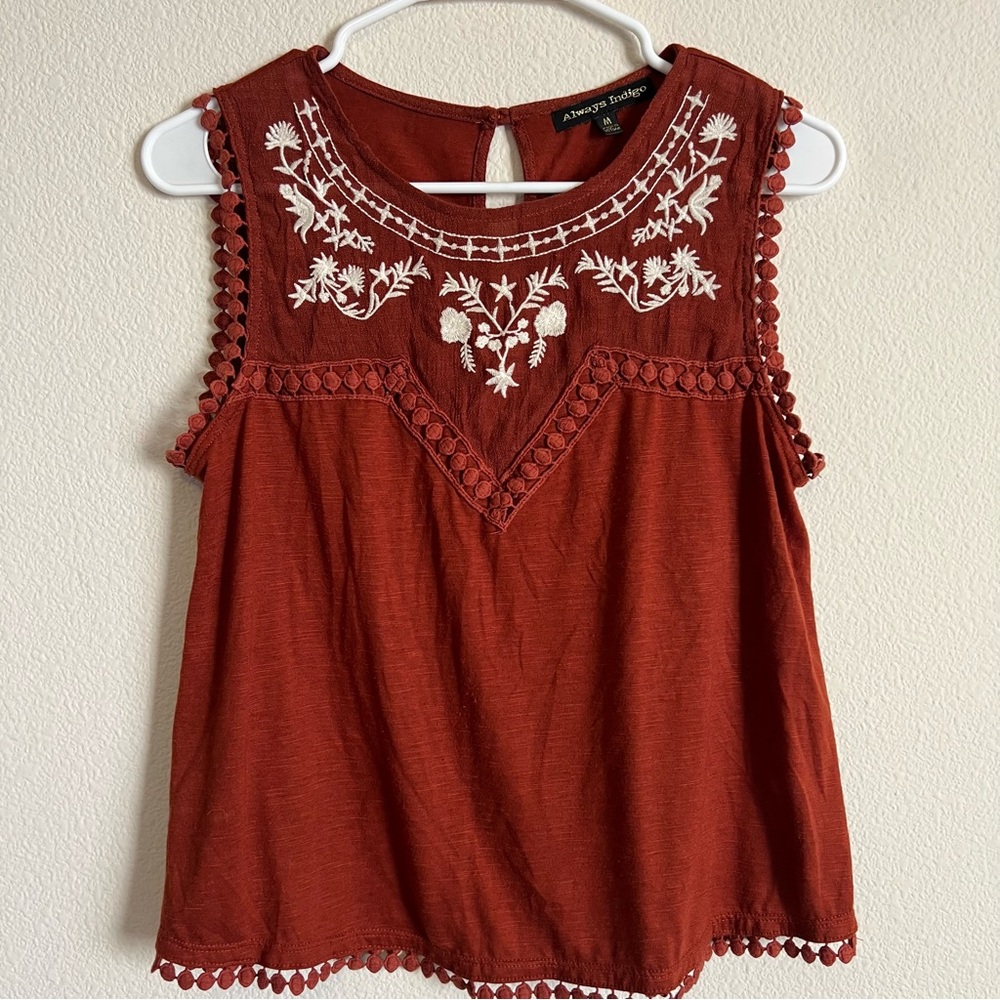 Always Indigo Rust Sleeveless Top with White Embroidery